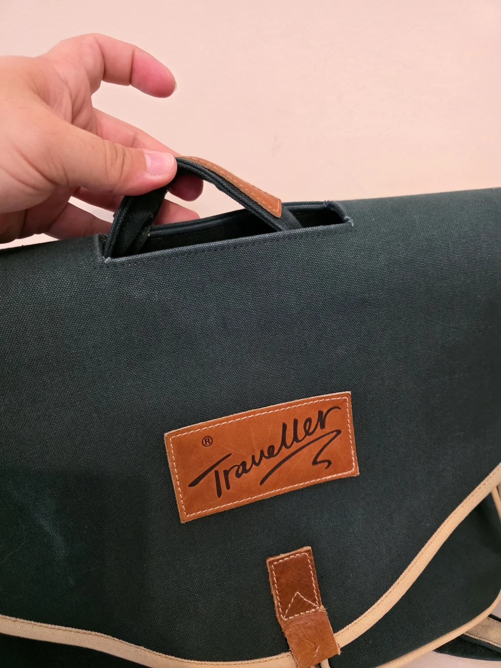 Dark Green Canvas Messenger Bag with Cream Trim